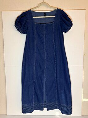 Stylewe Denim Square Neck Pockets Puff Short Sleeves Midi Summer Dress Size S